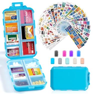 Imagem de Caixa organizadora de comprimidos de viagem 14 Grids com 415 etiquetas de nome de medicamentos - Kit de recipiente de bolso diário de farmácia - Suporte de medicamentos de viagem para armazenamento de
