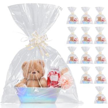 Imagem de JarThenaAMCS Cesta holográfica de 12 peças para presentes, vazia, com saco de celofane transparente e laço de fita, cesta de papel kraft para presente para lembrancinhas de festa de inauguração de