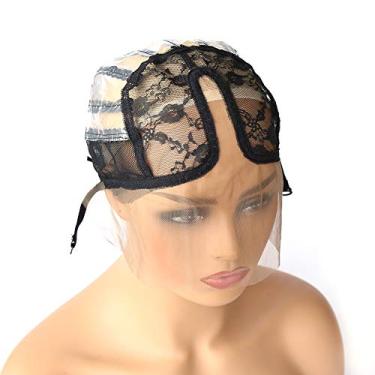 Imagem de BTWTRY Touca de peruca U Part com renda para fazer perucas com alça ajustável parte do meio tamanho médio touca de peruca preta para mulheres meninas perucas DIY (2 peças, 0051)