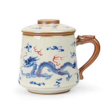Imagem de fanquare Xícara de chá de porcelana dragão azul com infusor e tampa Xícara de chá de infusão chinesa Ruyao feita à mão para escritório casa, caneca de café de cerâmica com filtro, 368 g