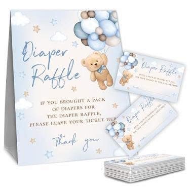 Imagem de Kit de sorteio de fraldas para chá de bebê - 1 placa de pé e 50 bilhetes para sorteio de fraldas, jogo de sorteio de fraldas de balão de urso para meninos e meninas, anúncio de bebê, lembrancinha de