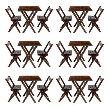 Imagem de Kit 6 Conjuntos Mesa Dobrável Para Bar E Restaurante 60x60cm Com 2 Cadeiras Em Madeira Maciça - Imbu - Marrom