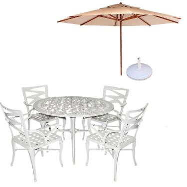 Imagem de Conjunto De Mesa Com 4 Cadeiras Aluminio Fundido + Guarda Sol Bege