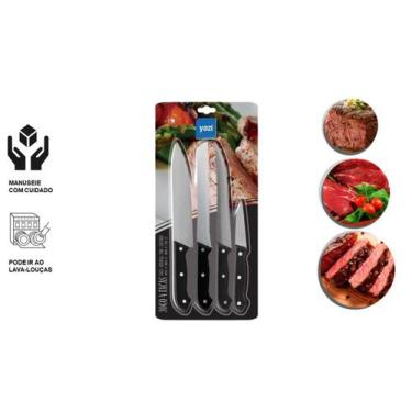 Imagem de Jogo de facas lâmina inox  4pçs cozinha profissional c/cabo preto de p