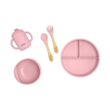 Imagem de Freso Baby Kit Alimentação De Bebê Silicone Atóxico Livre Bpa Introdução Alimentar Blw Tigela Prato Ventosa Talher Infantil Fácil De Limpar Cor Rosa