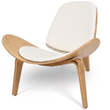 Imagem de Cadeira estilo Hans Wegner, cadeiras de couro simples e modernas com assento acolchoado, cadeira ergonômica de três pernas para sala de estar, quarto, escritório