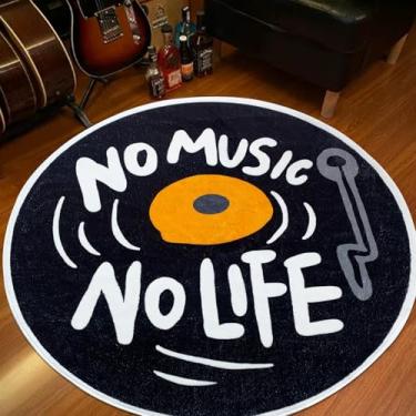 Imagem de USTIDE Tapete redondo de CD com discos musicais, tapete moderno, com letras, antiderrapante, para sala de estar, quarto, mesa de café, capachos de entrada para casa 120 cm, preto e laranja