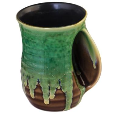 Imagem de Icytrip Caneca aquecedora de mão, caneca de café de cerâmica artesanal de 18 onças grande com bolso para destros (areia/verde)