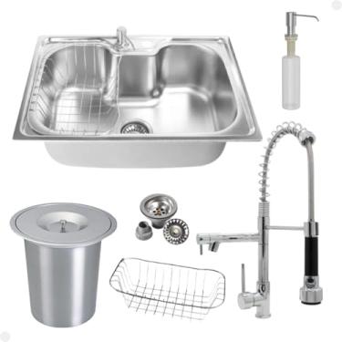 Imagem de Kit Cuba Única Inox + Acessórios Com Torneira Gourmet Monocomando Vip Cromada E Lixeira de Embutir 5 Litros