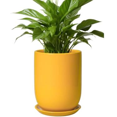 Imagem de SUNPOTFOR Vaso de plantas de 20 cm - Vaso de cerâmica com orifício de drenagem e pires, vaso grande para plantas de interior, exterior, vaso de flores moderno para decoração de jardim doméstico