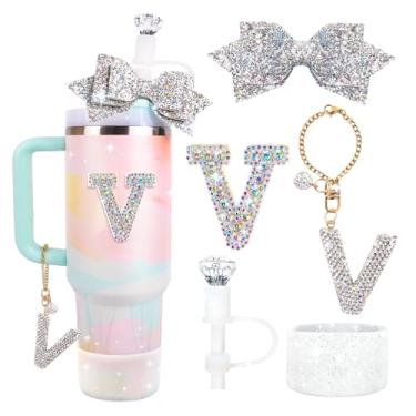 Imagem de Lingdeer Conjunto de acessórios de garrafa de água para Stanley Cup 30 e 1,134 g, pingentes de letras brilhantes, capa de canudo de diamante, bota de silicone com glitter, adesivo personalizado, topo