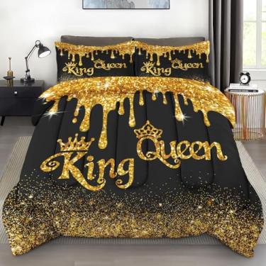 Imagem de Pamnest Conjunto de edredom casal, King Queen, ouro preto, 3 peças, conjunto de edredom macio para crianças e adultos, bojo Royal Love com fronha, para decoração de cama de quarto