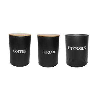 Imagem de Genérico, Pote Cafe Açucar Porta Utensilios Aço Preto Bambu Lata 3un