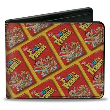 Imagem de Buckle-Down The Flintstones Carteira, Bifold, Fruity Pebbles Fred and Barney Cereal Box Repeat Amarelo Vermelho, Couro Vegano, 4.0" x 3.5", Casual