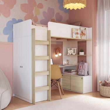 Imagem de Cama Infantil Multifuncional com Armário e Escrivaninha Branco/Carvalho Araguaia - Completa Móveis
