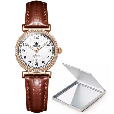 Imagem de Kit Relógio Feminino Dourado Pulseira Pedra Strass + Espelho - OLEVS