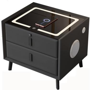 Imagem de Mesa lateral com carregamento sem fio e trava de impressão digital, mesa de cabeceira inteligente com 2 gavetas, mesa de cabeceira com áudio e carregamento USB, armário para quartos, sala, A