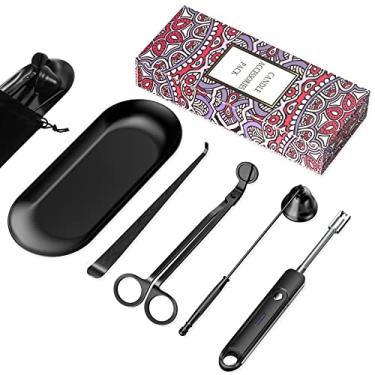 Imagem de Lsnisni Conjunto de acessórios de vela de 5 peças com isqueiro elétrico recarregável, bandeja de armazenamento, aparador de pavio, snuffer, Dipper - Kit de cuidados de aço inoxidável com pacote de