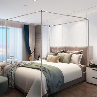 Imagem de Estrutura de cama de dossel de aço inoxidável, tamanho solteiro, postes robustos, moldura de dossel para cama de metal, decoração de quarto de madeira