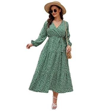 Imagem de KOJOOIN Vestido feminino plus size com decote em V, manga comprida, cintura alta, babados e cinto, Flor de manga comprida verde e branca, 5G