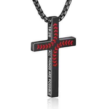 Imagem de WINFY Colar de cruz de beisebol para meninos e homens, pingente de cruz cristã, versículo bíblico, pingente de cruz, corrente de aço inoxidável, 50 + 5 cm, joia de beisebol, presente religioso para