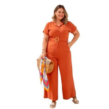 Imagem de Macacão Plus Size longo feminino com cinto pantalona elegante em linho