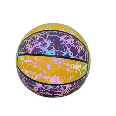 Imagem de Sporting Goods Bola de basquete refletiva brilhante para adultos, basquete profissional ao ar livre tamanho oficial 7 brilha no escuro para uso interno, ao ar livre, jogos noturnos (roxo amarelo)