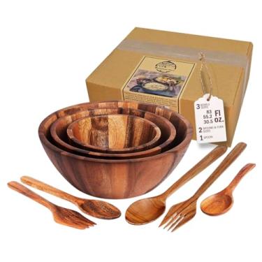 Imagem de Conjunto redondo grande de madeira de acácia com 3 tigelas de servir 24 cm, 20 cm, 17,8 cm, com utensílios, garfos e colheres de madeira, prato empilhável de tamanho misto para salada de frutas,
