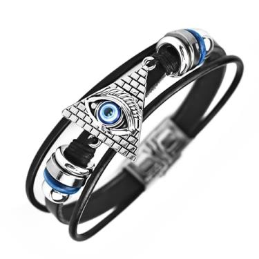 Imagem de ROJEMXVE Pulseiras de couro retrô Angel Evil Eye para homens e mulheres, cordão multicamadas, pulseiras étnicas tribais de liga de zinco, joias punk, presentes, pulseiras pretas, One Size, Zinco