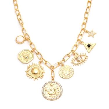 Imagem de ORIGENCE Colar de coração de sol para mulheres e meninas, banhado a ouro 18K, colar com pingente de coração, corrente grossa, colar com pingente hip hop, colar unissex, Latão, Zircônia cúbica