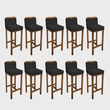 Imagem de Kit 10 Banqueta Alta Com Encosto Agnes Cozinha Balcão Bistrô Base Madeira Castanho Corino Preto - Ahz Móveis