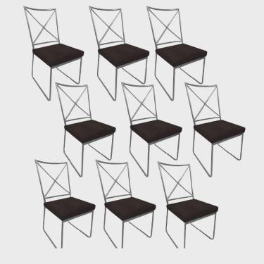 Imagem de Kit 09 Cadeiras Sala de Jantar Escritório Office Clark Industrial Ferro Prata Corino Marrom - Ahz Móveis