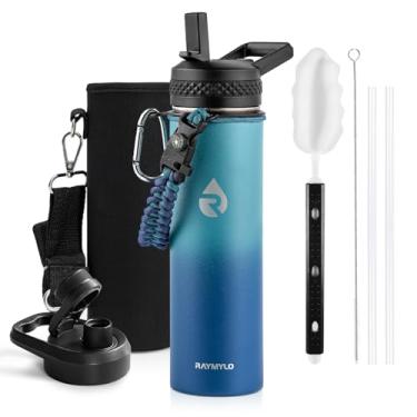 Imagem de Garrafa térmica de água RAYMYLO, aço inoxidável com parede tripla isolada a vácuo (fria por 48 h), à prova de vazamento, sem BPA, tampas de bico e canudo, infantil, escolar, 591 ml, ciano