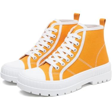 Imagem de Rominz Tênis feminino com plataforma branca, moderno, cano alto, tênis de lona com cadarço preto e plataforma casual, Amarelo, 36