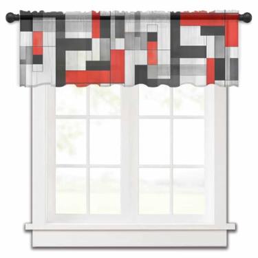 Imagem de Funnywall88 Cortina transparente geométrica vermelha preta branca para janelas de cozinha, arte moderna abstrata de chiffon, tratamentos de janela, bolso de haste, saia curta para sala de estar