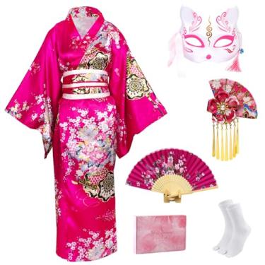 Imagem de Kimonos para mulheres, vestido japonês, fantasia de gueixa, fantasia de gueixa, anime, cosplay, empregada, máscara, leque de mão, meias 5 peças (rosa vermelha)