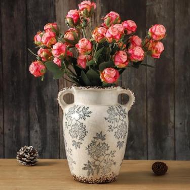 Imagem de Enra Vaso vintage com alça, vaso de flores decorativo de cerâmica azul e branco de 24 cm, vaso floral chinoiserie, vasos grandes rústicos para decoração de casa, sala de estar, estante de livros