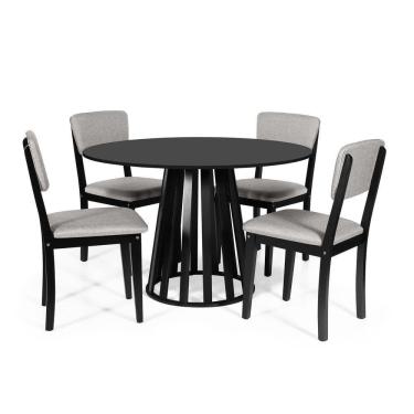 Imagem de Mesa De Jantar Redonda Gabi Preta Com 4 Cadeiras Estofadas Ella Preto/cinza Claro