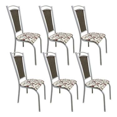 Imagem de Kit 6 Cadeiras Cozinha Aço Tubolar Confortável Jantar Bege e Branco Tecido Floral