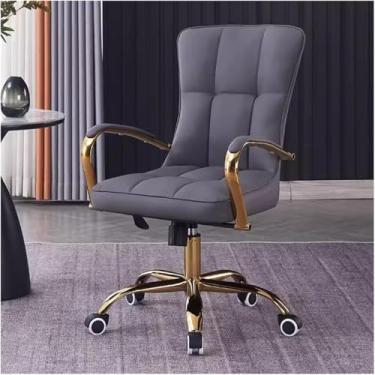 Imagem de Cadeira de cadeira de escritório de couro com apoio de braço, cadeira de computador giratória ajustável com pernas e braços dourados, cadeira de tarefa estofada confortável para sala de esta