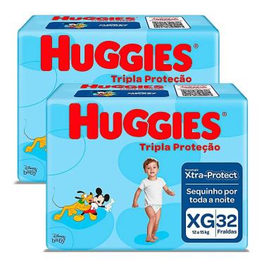 Imagem de Kit 2 Fralda Huggies Tripla Proteção Tamanho XG Pacote Megacom 32 Unidades cada
