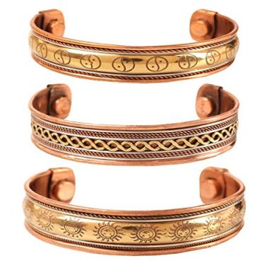 Imagem de INDTRESOR Pulseira magnética de cobre estilo tibetano. Forjada à mão com motivos trançados Yin Yang de cobre puro sólido e de alto calibre. Conjunto de 3 designs diferentes em 3 metais.