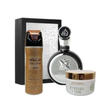 Imagem de Kit Perfume Fakhar Black + Creme Rose + Spray Rose - Lataffa