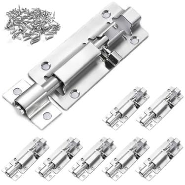 Imagem de Pacote com 8 parafusos de barril de trava de porta de 7,6 cm, trava de segurança de porta deslizante de aço inoxidável com orifício de cadeado, prata