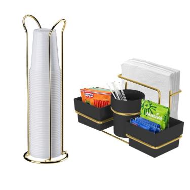 Imagem de Kit Porta Sachê Guardanapo + Organizador Copos 200ml Cozinha Café Preto Dourado - Future