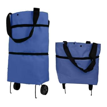Imagem de Vikooyes Sacola de compras dobrável com rodas sacola de compras grande reutilizável carrinho dobrável (azul, grande)