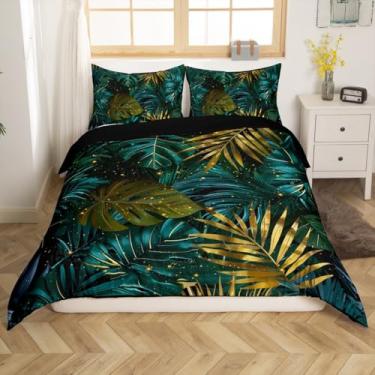 Imagem de Erosebridal Capa de edredom com folhas de palmeira, verde, plantas tropicais, para crianças, meninos, meninas, adolescentes, verão, Havaí, moderna, estética, dourada, verde, botânica, capa de edredom