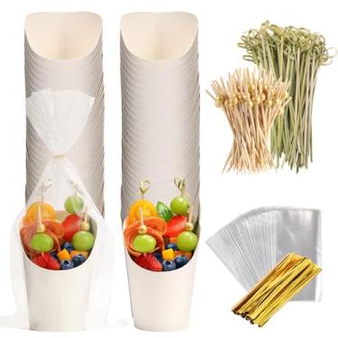 Imagem de WixiTool 120 conjuntos de copos descartáveis de charcutaria com palitos e sacos, caixas de lanche de papel kraft de 400 ml, porta-aperitivos, copo de batatas fritas, com espeto de bambu e pérola
