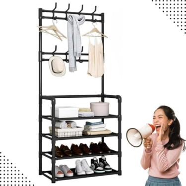 Imagem de Sapateira Organizador com Cabideiro de Chão e 4 Prateleiras | Arara Multiuso Vertical para Roupas, Bolsas e Sapatos (Preto)