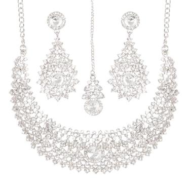 Imagem de Touchstone Conjunto de joias indianas para mulheres colar de noiva de strass declaração casamento noivas brinco formal grande designer colarinho estilo moderno desi strass maang tikka moda em tom